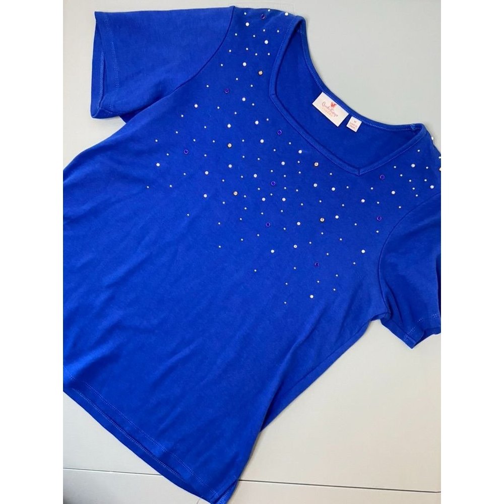 Quacker Factory women's medium blue short sleeve‎ square neck bedazzled shirt